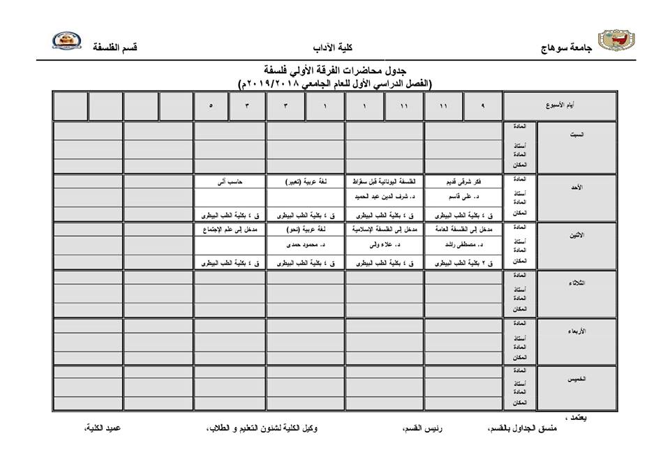 جدول محاضرات الفرقة الأولى قسم الفلسفة 2018/2019